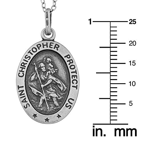 Oxidized Sterling Silver Oval Saint Christopher Medal Necklace (18 inch)