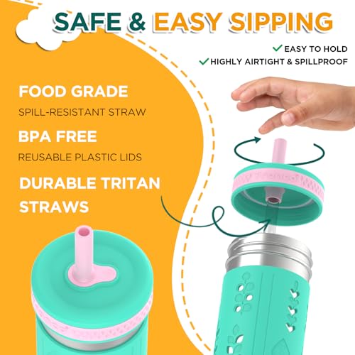 Tronco 4 Pack 15oz 2-in-1 Stainless Steel Kids Tumbler Cups with Silicone Sleeves, Spill-Resistant Flexible Straws & Storage Lids, BPA-Free Smoothie and Snack Cups, Dishwasher Safe Sea foam Green,Sky Blue,Mango Yellow, Orange Pack of 4