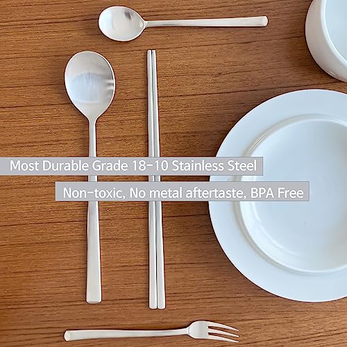 Korean Made Stainless Steel Silver Utensil Flatware Cutlery Korean Chopsticks and Spoon Set Tea Spoon and Tea Fork Set, 4SET Stocking Stuffer Gift for Mom Stocking Stuffer