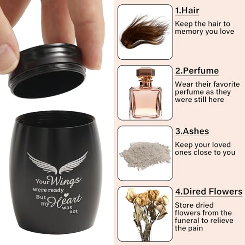 Small Urns for Human Ashes Keepsake,2.7Inch Mini Urns for Human Ashes with Angel Wings,Memorial Gifts for Loss of Loved One - Unique Travel Urn Miniature Ash Holder Tiny Urn,Black black 2.6"X1.7"