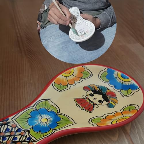 Large Mexican Talavera Spoon Rest | Lele Doll design Hand-Painted, Utensil Rest for Spoons Ladles, Tongs or Spatula | Lead-Free, Dishwasher Safe | Lovely Mexican Gift