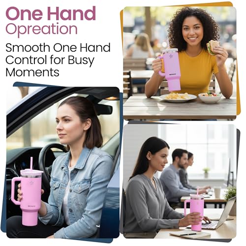 40oz Tumbler with Handle and Straw Insulated Stainless Steel Travel Mug Vacuum Double Wall Coffee Cup Leak Resistant Lid BPA-Free Cup Holder Friendly for Hot & Cold Drinks, Pink 40 Ounces