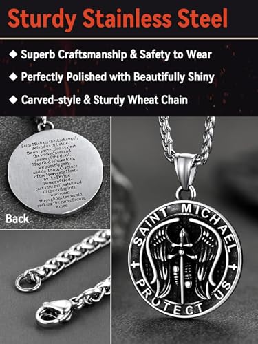 FaithHeart Saint Michael Necklace, Stainless Steel Archangel St Michael Shield/Coin/Dog Tag Pendant Necklaces for Men, Catholic Prayer Jewellery - With Gift Box Coin-Steel