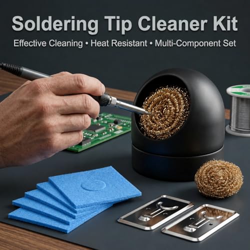 11-Piece Soldering Tip Cleaner Set, Soldering Accessories Without Water | 1 stand, 3 wire balls, 2 metal shelves, 5 blue sponges, waterless use, for workbench and electronics repair