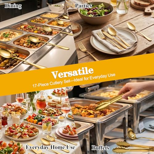 17pcs Gold Serving Utensils Set,Stainless Steel Large Serving Spoons,Slotted Spoon,Fork,Tongs,Cake Pie Server,Soup Spoon,Metal Buffet Banquet Cutlery for Parties Weeding Birthday Entertaining Catering