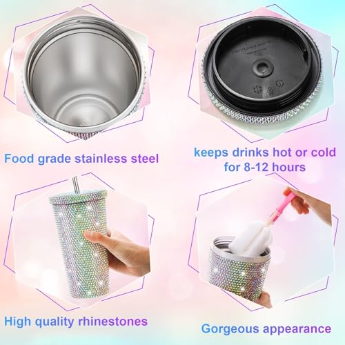 Bling Cup with Rhinestone, 17 Oz Sparkly Tumbler with Lid, Stainless Steel Glitter Thermal Drinking Water Bottle with 1 Pcs Brush 6 Pcs Straw Brushes Bling Gift for Girls Women (Pack of 2) 17 Ounces (Pack of 2)