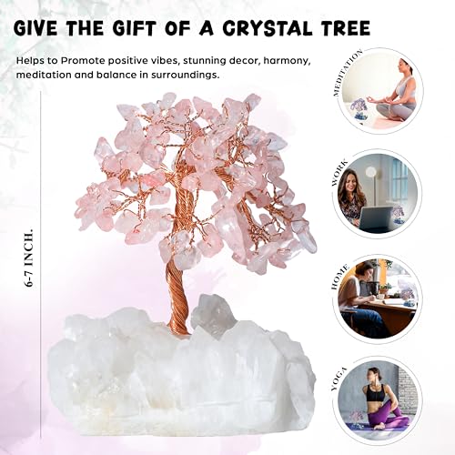Crocon Rose Quartz Crystal Tree with White Aura Base Tree of Life Décor Bf Rose Quartz + White Aura Base