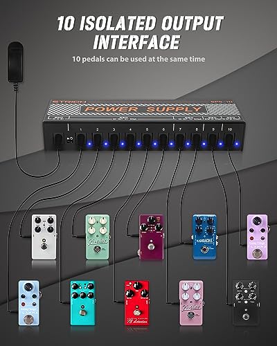 STRICH SPS-10 Guitar Pedal Power Supply, 10 Isolated DC Output for 9V/12V/18V Effect Pedal, 100mA 500mA, SPS-40B Rechargeable Guitar Pedal Power Supply with Built-in 10000mAh