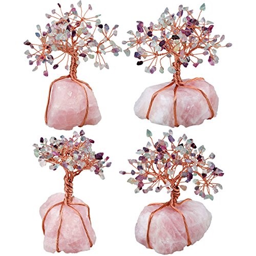 SUNYIK Fluorite Crystal Tree Wire Wrapped Raw Rose Quartz Base
