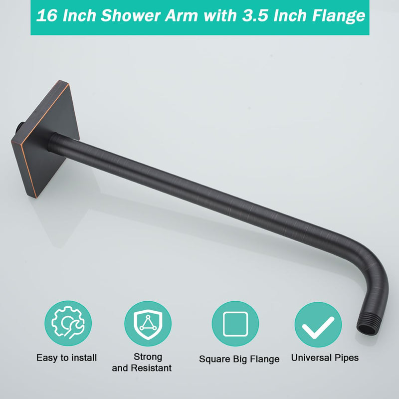 Shower Arm with Flange, 16 in Stainless Steel Shower Arm Extension Wall-Mounted For Fixed Shower Head,Rain Shower Head Extender,Oil Rubbed Bronze,SE-91018-16-ORB-SQ ﻿ Large Square Flange-16″Oil Rubbed Bronze