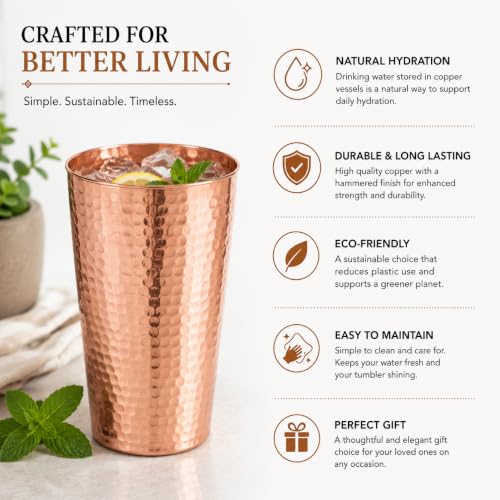 Pure Copper Tumbler Cup 22 oz – Large Hand Hammered Copper Cup for Drinking Water, Iced Tea, Juice and Cocktails – Unlined Solid Copper Glass with Thin Straight Rim, Pack of 1
