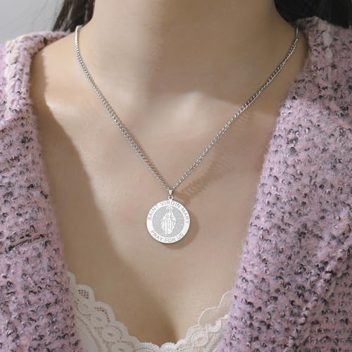 Virgin Mary Necklace Stainless Steel Medal Necklace Catholic Virgen de Guadalupe Pendant Christian Religious Jewelry for Women Men silver