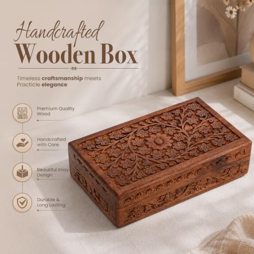Ajuny Wooden Handcarved Decorative Jewelry Storage Box Flower Design Multipurpose Treasure Chest Keepsake Organizer Necklaces Watch Boxes Great for Gifts 10x6 Inch 10 x 6 Inch