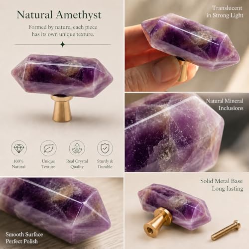 2Pcs Amethyst Crystal Point Stone Drawer Pulls Purple
