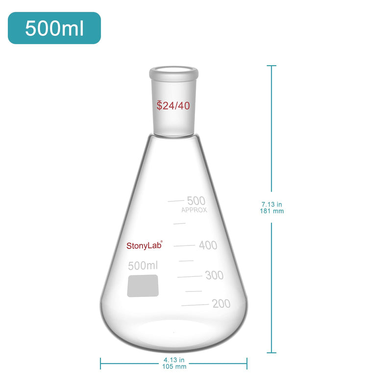 StonyLab Glass 24/40 Erlenmeyer Flask, Borosilicate Glass Heavy Wall Flask with 24/40 Standard Taper Outer Joint, 500ml 500 ml