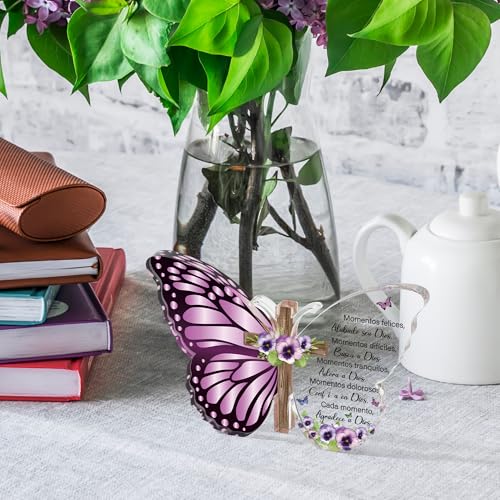 JAPBOR Acrylic Christian Religious Gifts - Spanish Bible Verses God Faith Inspirational Scripture Present for Women, Serenity Butterfly Cross Prayer Keepsake Desk Decor for Home Birthday (Violets) Violets