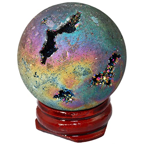 Rockcloud 2 Pcs Titanium Coated Rainbow Quartz, Crystal Table Desk Decoration for Home Party, Raw Quartz and Stone Sphere