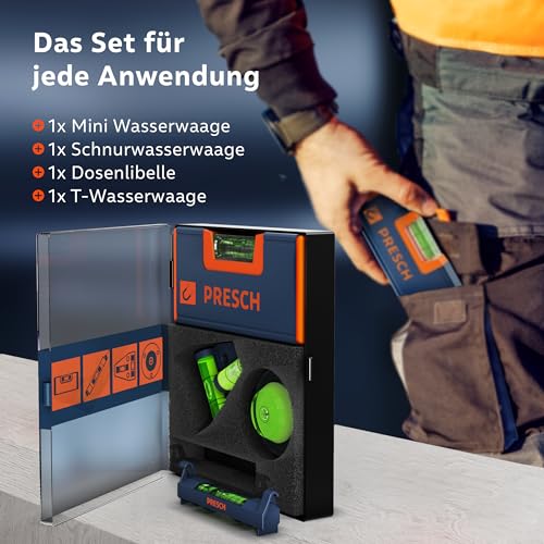 Presch Mini Spirit Level Set of 4 – Mini Spirit Level, Cross Spirit Level, Can Level and Line Spirit Level – All-Round Set – Reinforced Magnet for Maximum Adhesion – Shatterproof Acrylic Glass Levels Set of 4.