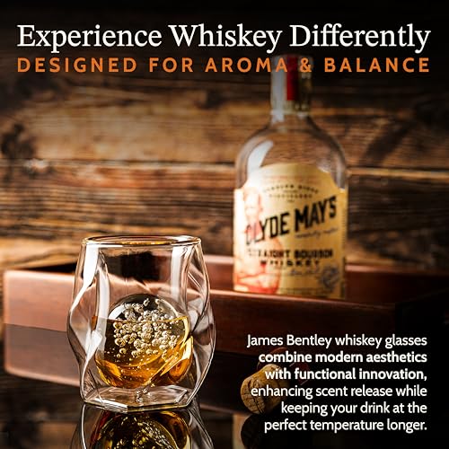 JAMES BENTLEY JB Whiskey Glasses, Set of 2 + 2 Slow-Melting Ice Ball Molds 6.0 ounces