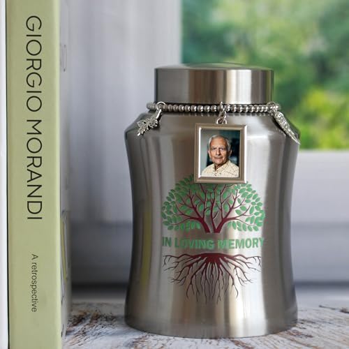 Medium Urn for Human Ashes with Picture Frame Stainless Steel Tree of Life Cremation Big Urn Decorative Memorial Funeral Burial Urn for Ashes Dad Mom Male Female Keepsake Small urn for Human