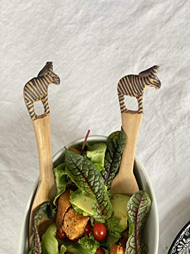 Global Crafts Hand Carved Mhugu Zebra Salad Serving Set - Wood Flatware, Set of 2
