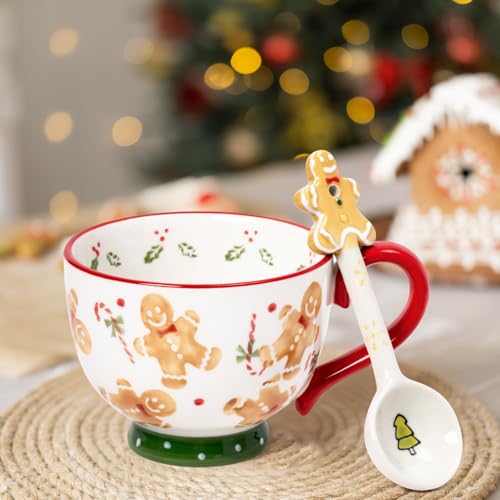 Christmas Ceramic Coffee Mug - 15 OZ Merry Christmas Gingerbread Man Coffee Cup with Spoon, Xmas Themed Tea Milk Drinking Mugs, Winter Holiday Cups Funny Gift for Women Men Children Kids Family