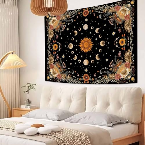 Yeoiat Tapestry Celestial Sunflower Tapestries Lunar Phase Wall Hanging Black and Gold Boho Fine Art Decor Bedroom Dormitory Decoration 90"x70" 90"L x 70"W Black Orange