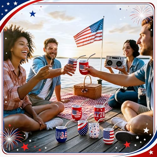 12 Pcs 4th of July Mini Shot Glasses 3 oz Patriotic Red White Blue USA Mini Tumblers with Lids and Straws Stainless Steel Insulated Cups for Independence Day Memorial Day Party Supplies