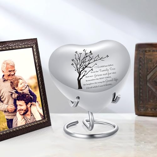 Heart Urn for Ashes - Small Heart Shaped Keepsake Urn for Human (Male/Female) or Pet Remains, Holds Small Portion of Ashes with Stand Silver-tree of Life