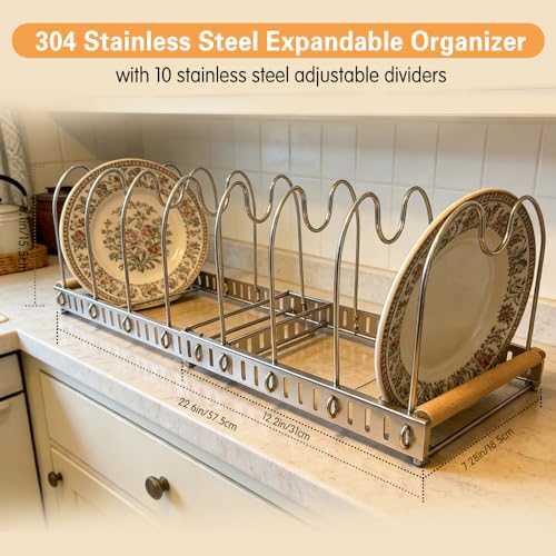 Expandable Pot and Pats Organizer for Cabinet 304 Stainless Steel, 10 Adjustable Dividers Expandable Cookware Rack for Cutting Boards Frying Bakeware, Expanded Size 22.64" Lx7.28 Wx7.68 H