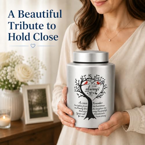 7.3 Inch Medium Urns for Human Ashes, Cremation Urn for Human Ashes, 140 Cubic Inches Decorative Stainless Steel Funeral Memorial Keepsake Urn with Two Cardinal Birds, Silver