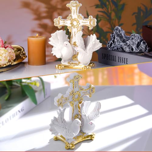 Resin Table Holy Cross Carved Flower and Doves Religious Home Decor