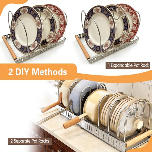 Expandable Pot and Pats Organizer for Cabinet 304 Stainless Steel, 10 Adjustable Dividers Expandable Cookware Rack for Cutting Boards Frying Bakeware, Expanded Size 22.64" Lx7.28 Wx7.68 H