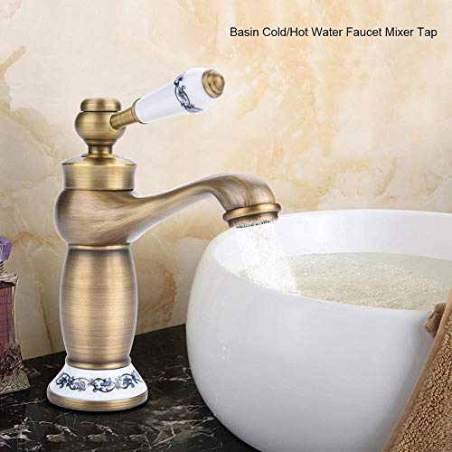 Fdit Single Handle Mixer Tap, Brass Bathroom Basin Faucet with Floral Pattern Lift Up Turn Design for Sink and Hand Washing Basin (Antique) Blue,white