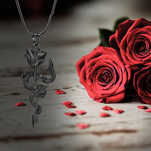 Snake Rose Urn Necklace for Ashes Roseflower Cremation Jewelry for Ashes Pendant for Women Men Memorial Keepsake Jewelry Black