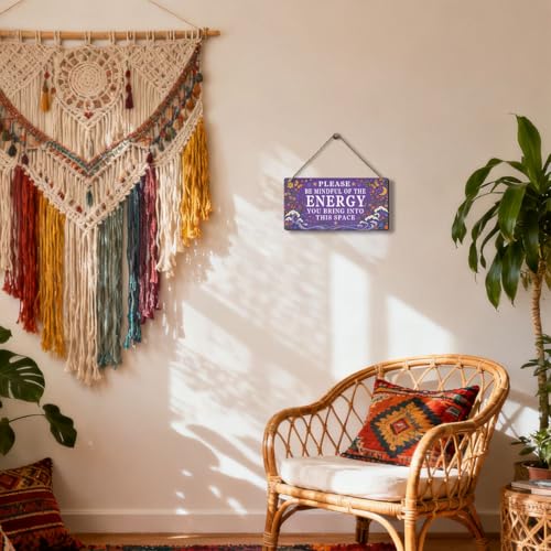 Spiritual Wall Decor Positive Energy Sign - Please Be Mindful of the Energy You Bring Sign -Good Vibes Only Signs Zen Decor for Home, Yoga Room, Meditation Space, Bedroom Door Hanging Signs 12x6 Inch