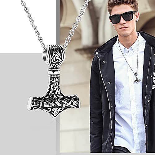 shajwo Mjolnir Thors Hammer Urn Necklace for Ashes for Men Celtic Nordic Viking Cremation Jewelry for Women Keepsake Memorial Ashes Pendant Thor Hammer-Silver