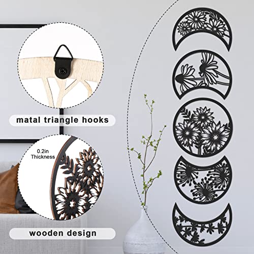Jetec 5 Pcs Moon Phases Wall Art Decor, Wooden, Black, 10.6 Inch, Flower