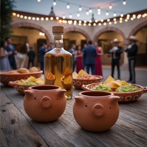 Set of 4 Handcrafted Red Clay Tequila Shot Glasses - Artisanal Barware from Oaxaca, Mexico (Pigs) Pigs