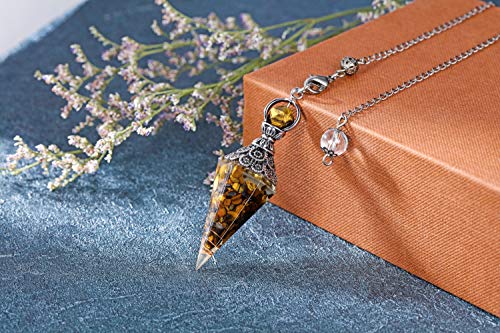 GEHECRST Natural Tiger Eye Healing Crystal Dowsing Pendulum Reiki Gemstone Chips Orgone Pendulum 6 Faceted Hexagonal Pointed Resin Spiritual Pendant for Divination, Wicca, Energy Balancing Tiger Eye Stone