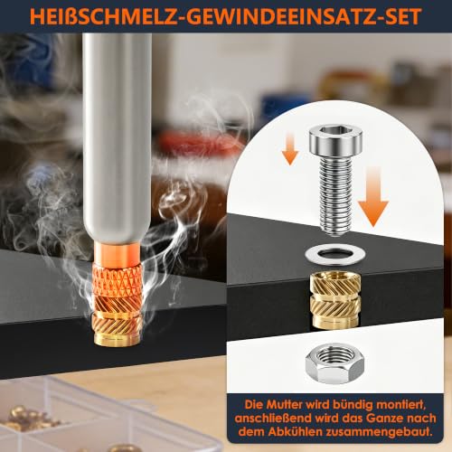 900 Stk Gewindeeinsätze Lötspitzen Set mit Schrauben, Muttern und Unterlegscheiben, Lötpistole & 6 Lötspitzen & 2 Adapter, Lötkolbenständer & Pinzette, M2-M6 Gewindeeinsätze für 3D-Druck