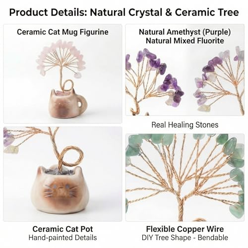 6 Pack Cat Chakra Crystal Tree of Life Gift Set with Gift Box, Healing Cute Kitten Money Tree Cat Statue Lucky Kitten Figurine Office Bedroom Home Desk Decoration Cat Lovers Gifts for Women