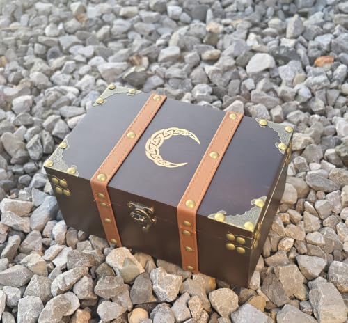 Crescent Moon Engraved Wooden Storage Box with Velvet Lining – Celtic Altar & Keepsake Chest for Crystals, Tarot & Witchcraft Supplies