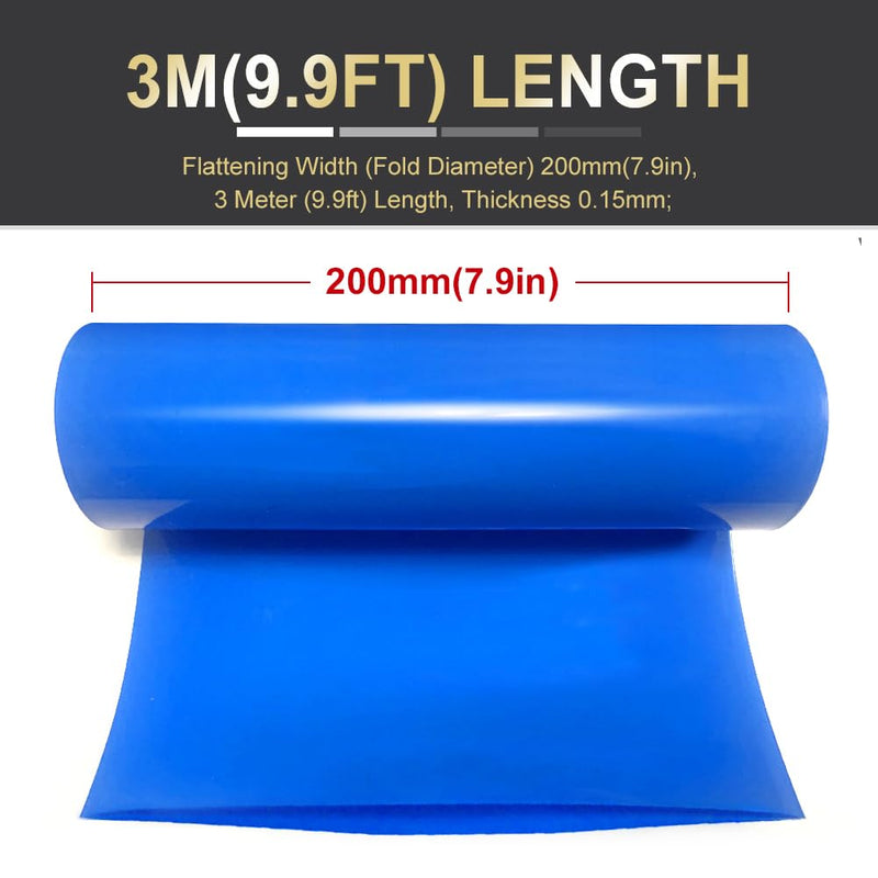 [Australia - AusPower] - Flat Width 7.9in(200mm) PVC Heat Shrink Wrap Tube for 18650 21700 Lithium Battery DIY Battery Packs Blue Length 9.9ft (3m) 3M(9.9ft) Length 200mm(7.9in) Flat Width 