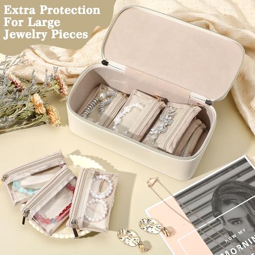 Small Jewelry Travel Case with 12 Velvet Pouches, Travel Jewelry Bag Organizer with Handle for Women Girls, Compact Jewelries Box for Earrings, Bracelets, Necklaces and Rings (White)
