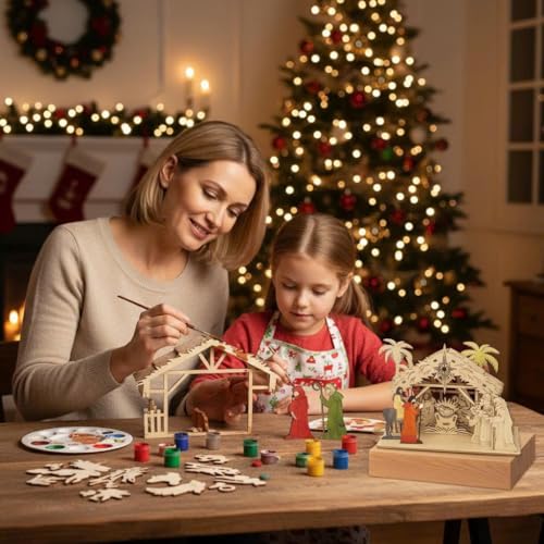 Advanced DIY Christian Nativity Set Holy Family Scene with Stables, Wooden Nativity Scene Christmas Decorations 2026, Handmade Christian Gifts for Women Men, Challenging Buildable Wooden Craft Kit