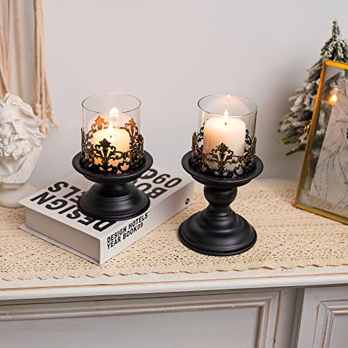 Sziqiqi Black Pillar Candle Holders, with Hurricane Glass, 2 Sizes Set S + L
