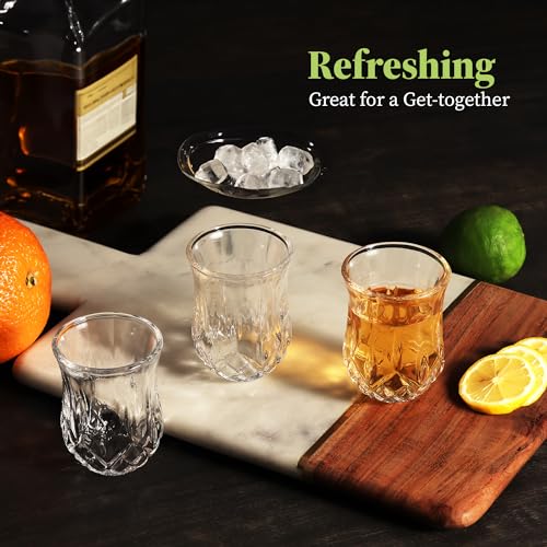 Quaffer Shot Glass (Set of 24) – Elegant Diamond Patterned Shot Glasses 1.75 oz – Classic Whisky Vodka Tequila Sherry Brandy Cordial Mini Snifters Glasses - Perfect for Parties, Bars, Events, Home Bar Set of 24