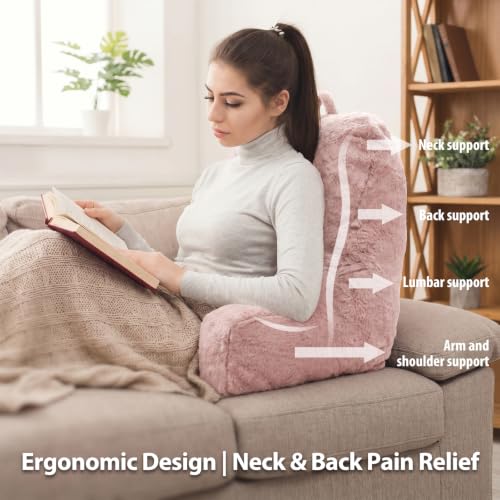 Reading Pillow for Sitting in Bed Adult – Back Support with Arms, Large Bed Rest Cushion for Reading, TV, Gaming, Laptop – Home, Office, Dorm, Pink