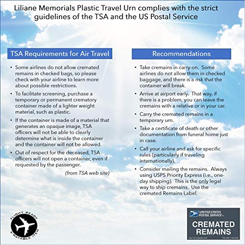 Liliane Memorials Airline Safe Plastic Temporary Travel Cremation urn for Human Ashes, TSA Approved for Airplane air Travel, Full Size Adult 200 Cubic inches, Funeral urn for Mail and Plane